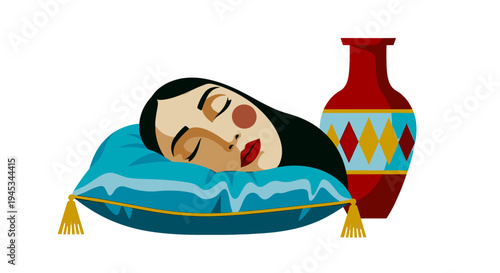 Dreaming Peacefully on a Plush Cushion by a Colorful Vase in a Cozy, Artistic Setting, Evoking Tranquility and Serenity in a Vibrant and Imaginative Way