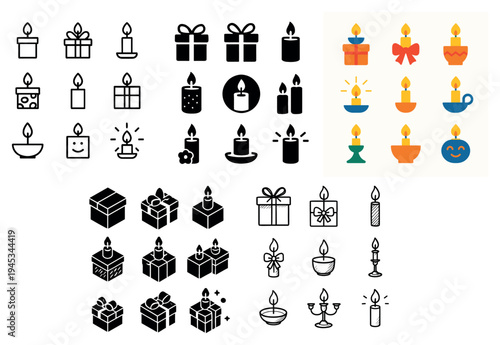 Celebration icons with candle gift box flat
