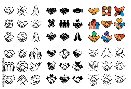 Community icons with handshake dove heart minimal