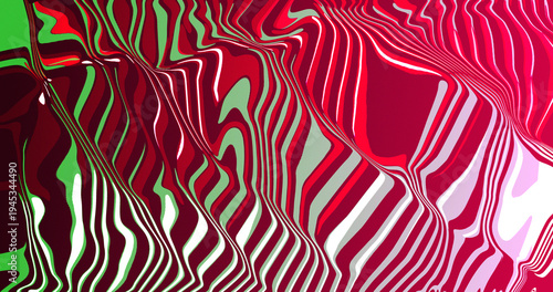 An abstract composition featuring swirling undulating lines in shades of vibrant red lime green and pale white high-quality