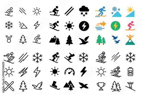 Winter sports icons with skier tree snowflake minimal