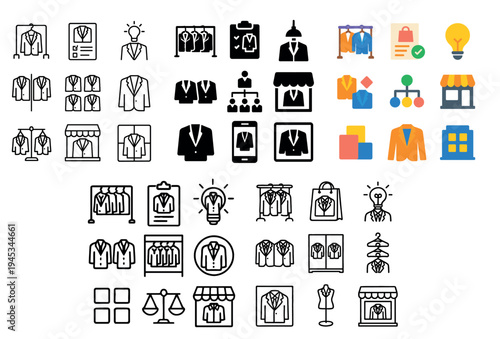 Fashion icons with hanger suit storefront flat colorful