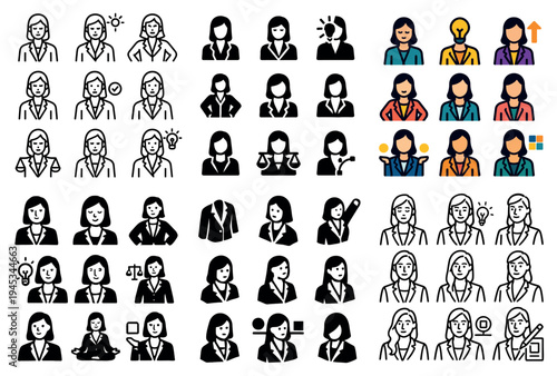 Business icons with woman portraits flat