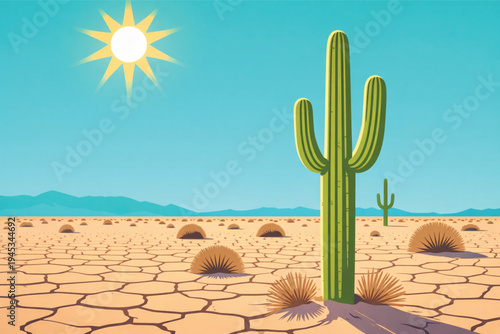 A cartoon vector illustration of a prickly cactus in a hot desert landscape under a sunny blue sky with tropical palm trees and ocean waves near a summer beach island
