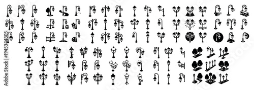 Lighting icons with lamp post lantern ornate