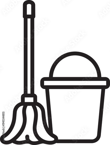 Cleaning service mop and bucket linear sign for communal housing public utility workspace isolated vector illustration