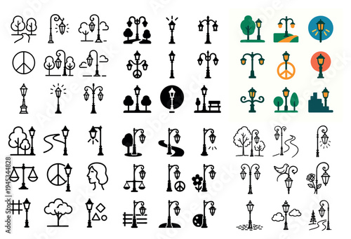 Park icons with lamp posts trees minimal