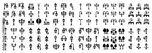 Streetlight icons with lamp post lantern ornate