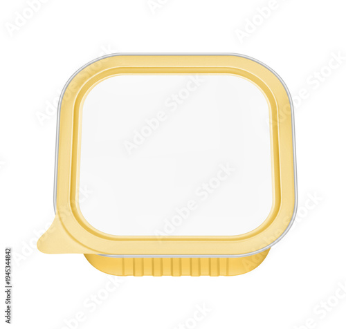 Realistic square aluminium foil tray with lid mockup. Vector illustration isolated on white background. Flat lay view. Can be use for food, wet food, pate and etc. Ready for your design. EPS10.