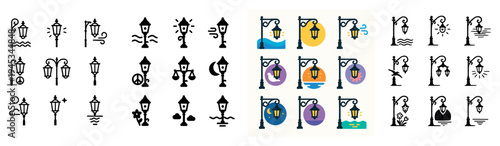Urban lighting icons with lamp posts lanterns minimal