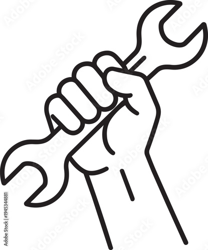 Hand holding wrench repair service linear sign for communal housing public utility maintenance isolated vector illustration
