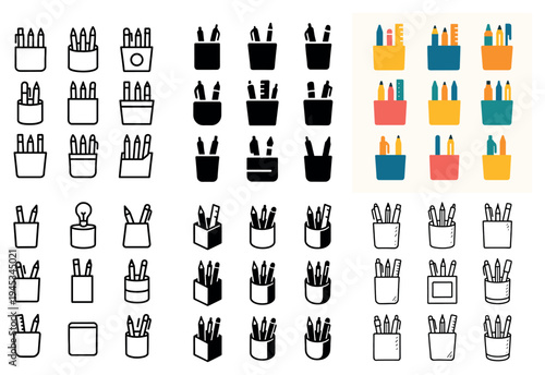 Stationery icons with pencil pen cup outline flat