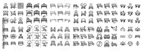 Park icons with bench table sun outline