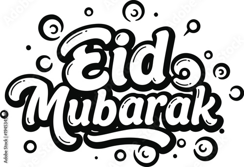 A stylized black and white illustration features the arabic greeting eid mubarak surrounded by decorative circular elements