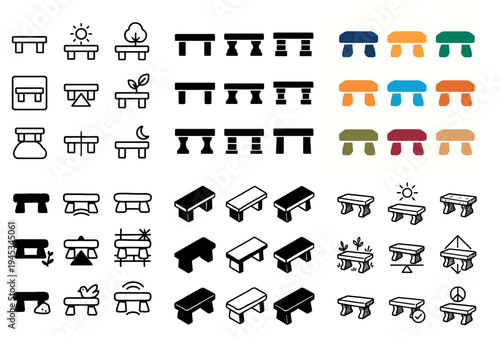 Outdoor icons with bench plant outline