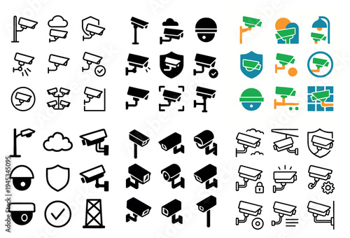 Security icons with camera shield dome flat