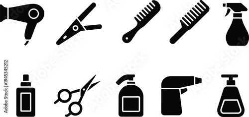 Hair salon tools icons set, hairdryer, comb, scissors, spray bottle, shampoo, gel dispenser, styling equipment vector collection