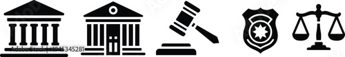 Law justice authority icons set, courthouse building, government institution, judge gavel, police badge, balance scale legal system vector