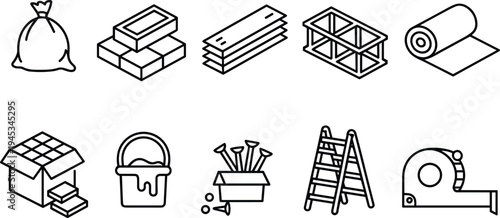 Construction building materials icons set, cement bag, bricks, steel beams, framework, insulation roll, paint bucket, ladder, tape