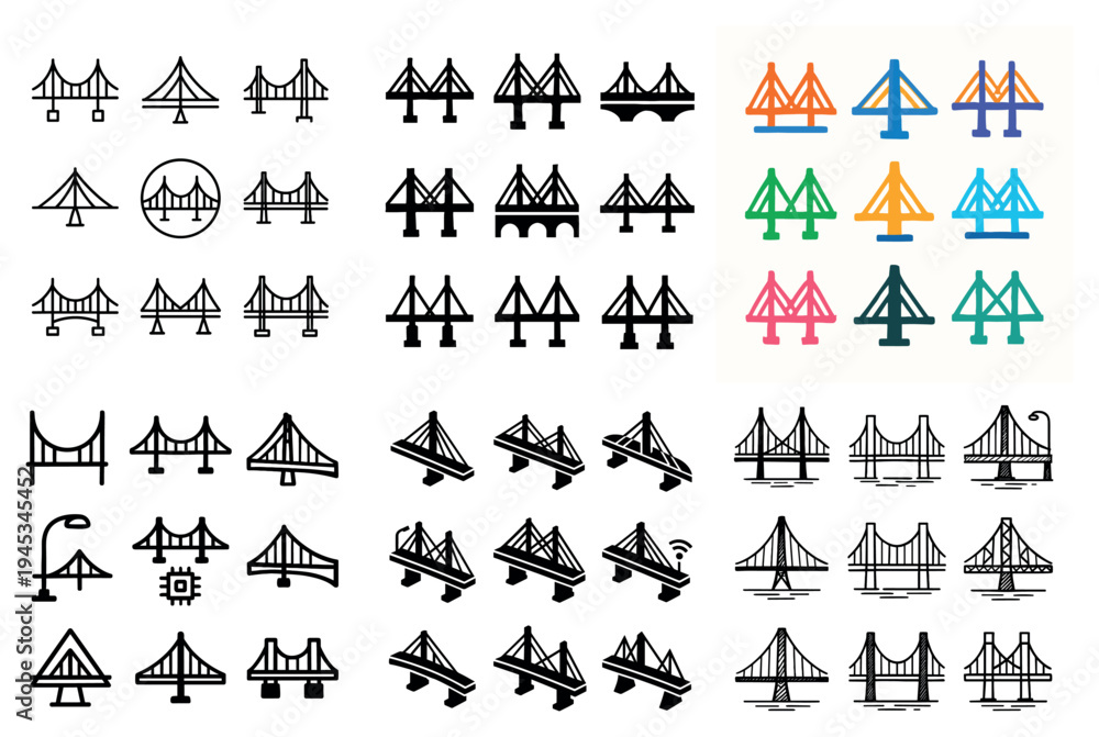Fototapeta premium Infrastructure icons with bridge tower cable outline