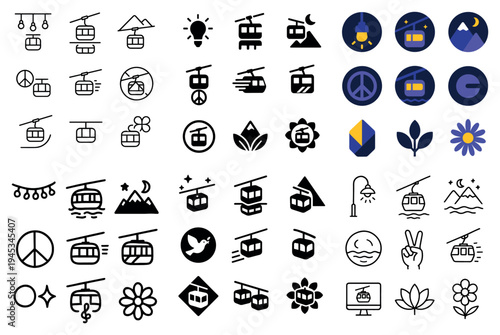 Mountain icons with gondola cable car outline