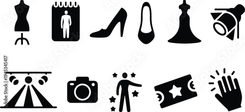 Fashion entertainment icons set, dress mannequin, calendar event, high heel, gown, stage lights, camera, ticket, applause symbol