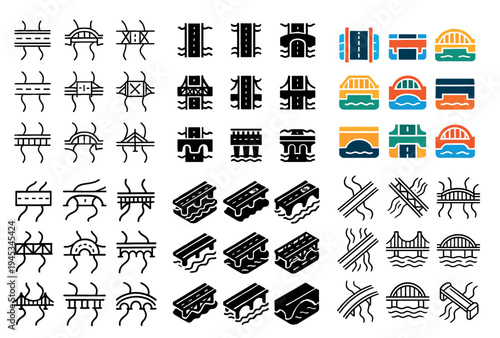 Transport icons with bridge road crossing outline