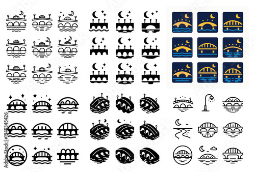 Nightscape icons with bridge moon water minimal