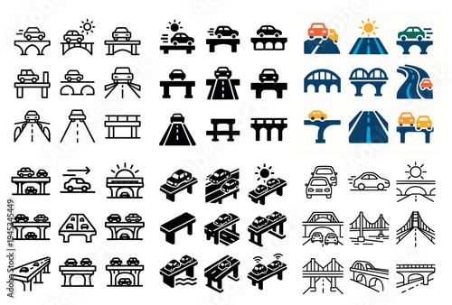 Transportation icons with car bridge road minimal