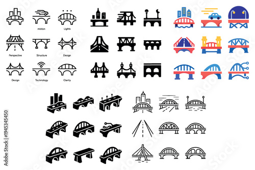 Architecture icons with bridge road tower minimal colorful