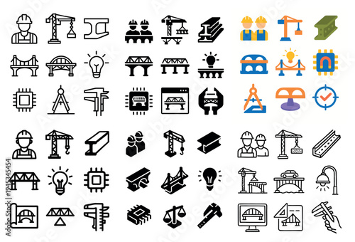 Construction icons with crane bridge beam flat