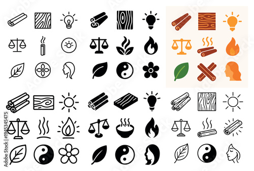 Wellness icons with leaf scale flame minimal