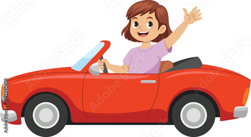 Cheerful girl driving red convertible car with open roof and waving her hand