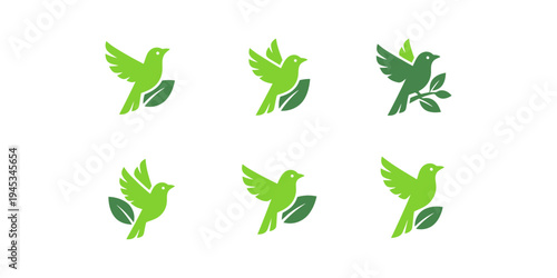 Modern bird silhouette logo set with leaves in flat vector design. Suitable for eco companies, organic farms, nature apps, wildlife branding, and sustainable businesses.