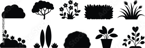 Garden plants bushes trees flowers grass nature landscaping botanical silhouette icon set decorative outdoor vegetation collection vector