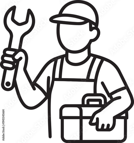 Plumber repairman holding wrench and toolbox linear sign for communal housing public utility service isolated vector
