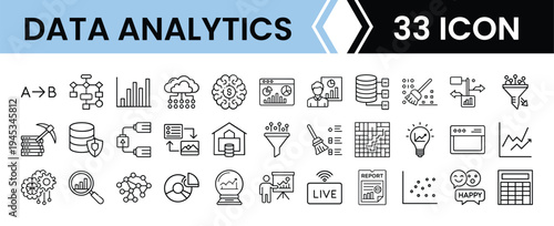 Outline Data Analytics Icon Set in Line Art Style for Business Intelligence, Data Visualization, Reporting, and Digital Interface Design