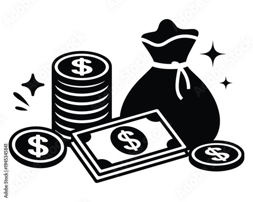 Money Bag with Coins and Bills Financial Wealth Symbol