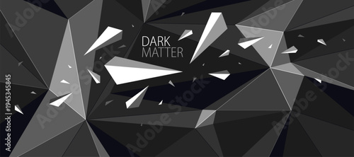 Dark low poly vector abstract background, black monochrome greyscale polygonal abstraction with decay motion of flying particles, 3D dynamic art.