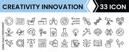 Outline Creativity & Innovation Icon Set in Line Art Style for Brainstorming, Problem Solving, Design, and Digital Interface Design
