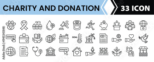 Outline Charity & Donation Icon Set in Line Art Style for Philanthropy, Volunteering, Fundraising, and Digital Interface Design