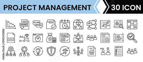 Outline Project Management Icon Set in Line Art Style for Task Planning, Team Coordination, Milestones, and Digital Interface Design