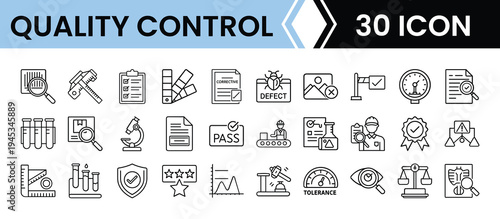Outline Quality Control Icon Set in Line Art Style for Product Inspection, Quality Assurance, Testing, and Digital Interface Design