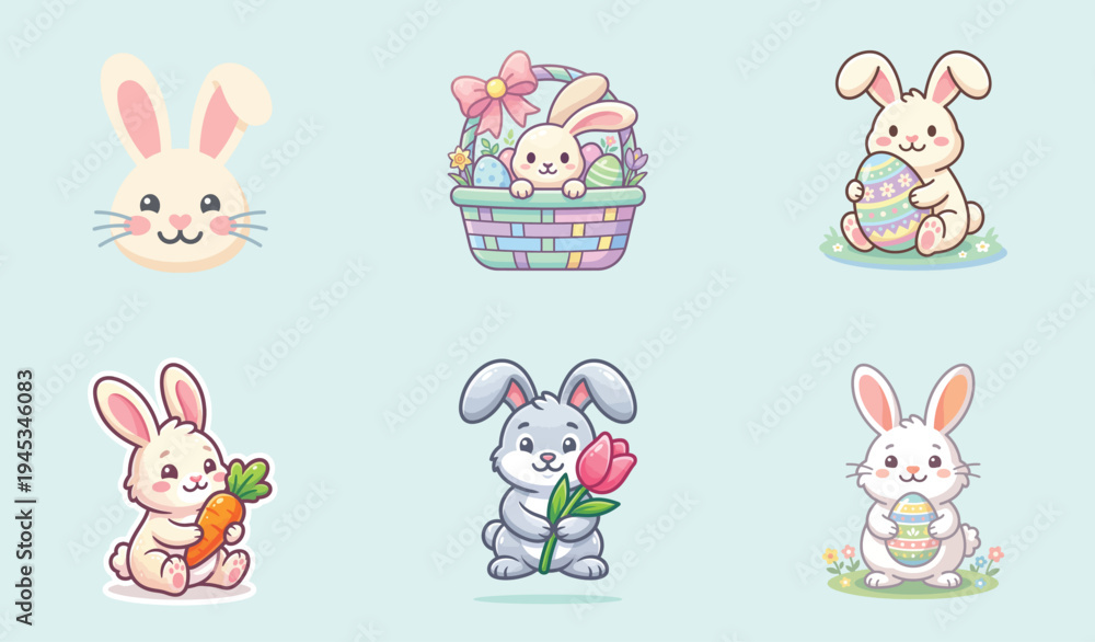 Obraz premium Cute Easter Bunny Icon Set With Eggs Basket Carrot And Flowers Spring Holiday Illustration