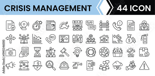 Outline Crisis Management Icon Set 44 in Line Art Style for Risk Mitigation, Emergency Planning, Disaster Response, and Digital Interface Design