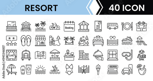 Outline Resort Icon Set 50 in Line Art Style for Hospitality, Travel, Leisure, and Digital Interface Design
