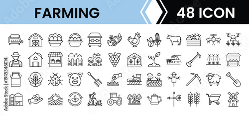 Outline Farming Icon Set 48 in Line Art Style for Agriculture, Livestock, Crop Management, and Digital Interface Design