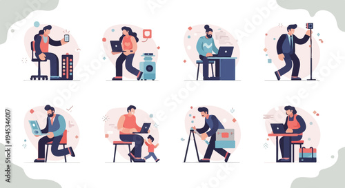 Diverse individuals engaged in various activities, often with technology