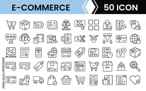 Outline E-commerce Icon Set in Line Art Style for Online Store, Shopping Cart, Payment System, and Digital Interface Design