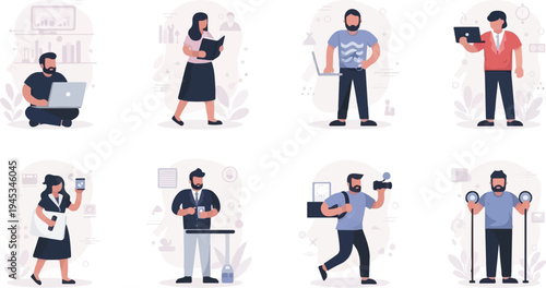 Diverse individuals engaged in various modern activities, illustrating work and communication